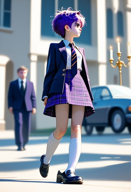score_9, score_8_up, score_7_up, M4dimi, short hair, purple hair, small breasts, school uniform, jacket, plaid skirt, white shirt, necktie, socks, black shoes, standing in a luxurious Elizabethan bedroom, high contrast, film grain, Rim Lighting