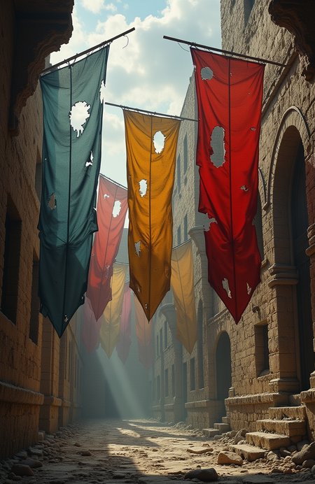 Tattered banners hang in cursed ruins.  <lora:models\Flux\Cinematic_style_2_(FLUX):0.3> <lora:models\Flux\Urushihara_XL__Flux:0.3> <lora:models\Flux\style_of_John_Kenn_Mortensen_FLUX_219:0.3>,