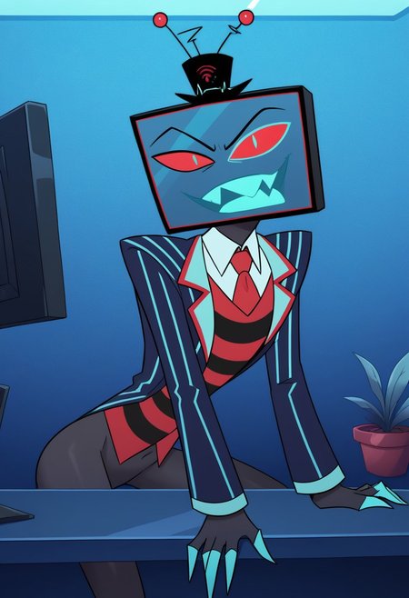 score_9, score_8_up, score_7_up,
masterpiece, best quality, detailed, amazing quality,
detailed background, office,
detailed eyes, clean eyes,
dynamic pose, sitting on desk,
1man,
Sex, 
Vox, TV head, television head, rectangular Head Cyan screen, cyan screen, red sclera, blue pupils, blue teeth, tophat, TV antennas, red and black striped shirt, dark blue coat, red tie, black skin,
easynegative