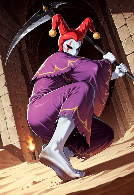 score_9,score_8,score_7,source_furry, (masterpiece, best quality, high quality:1.2), detailed hands,character focus, detailed skins, body blush, cinematic shadow, character focus, ultra detailed background, 
dutch angle,
<solo:1.5>, <1boy:1.5>, (anime:3.5), (official:3.5), (dynamic pose:1.8), kicking, focus soles, reality soles, dirty soles,
chariotsaga, 1boy, solo, male focus, 
jester, red headwear, looking at viewer, white skin, jester cap, pom pom (clothes), (faceless mask:1.2), facepaint, hat, robe, purple robe, torn robes, long sleeves, wide sleeves, barefoot, light gray color nails, holding, scythe, weapon, holding scythe, holding weapon,  
ancient ruin background, indoor, dark orange stone wide rooms, torch wall, darkness, sand, desert,