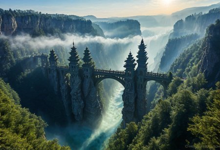 towers ringed in mist, sunrays, mixed media, surrealism, fantasy, great lighting, A surreal landscape highly detailed, extremely high-resolution details, appears trapped in an optical illusion of reflections and refractions colorful, Zhangjiajie mountains,  Vienna in contemporary Austria, baroque architecture, stone bridges, winding rivers extending to the horizon, professional photography, natural lighting, volumetric lighting maximalist. vivid, vibrant colors, intricately detailed, complex, elegant, expansive, fantastical, film photography style, medium grain, cmnt
 (8k uhd:1,4)
 <lora:add-detail-xl:1>
 <lora:Dynamic Poses:1>