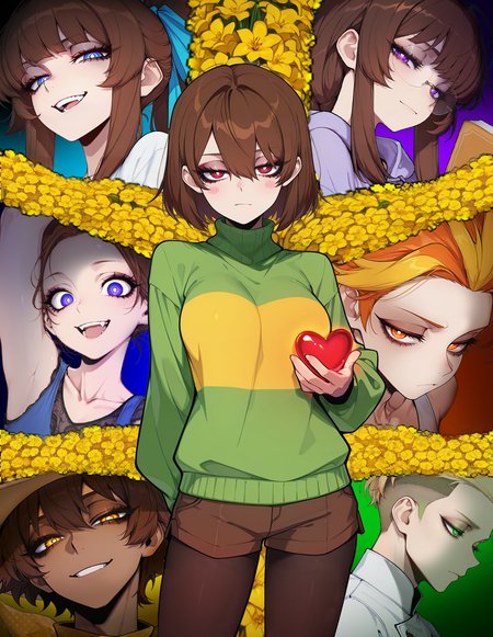 masterpiece, best quality, newest, detailed background, yellow flower backgroun
brown hair, red eyes, hair between eyes, half-closed eyes, chara \(undertale\), short hair,
looking looking at viewer, eyelashes, closed mouth, bored face, light smile, holding fruit, arm behind back,
turtleneck sweater, green sweater, brown shorts, black pantyhose, multiple girls, multiple views, 
<lora:cgel-style-richy-v1_ixl:0.75>,  <lora:slugbox_ill:0.75>,  <lora:fishine-illus:0.5>,  <lora:add-detail-xl:0.5>,  <lora:aanimagine31-undertale-last:0.35>,