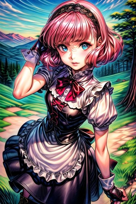 masterpiece, best quality, <lora:lemrina:1>,
lemrina vers envers, 1girl, solo, flower, hairband, dress, blue eyes, bob cut,  short hair, pink hair, blunt bangs, hair ribbon, (best quality) , (highly detailed) ,masterpiece ,absurdres ,detailed face ,beautiful face ,(detailed eyes, deep eyes, anime eyes), 
,bag, peach, gloves, fruit, lace-up boots, day, food, watercolor (medium), smile, hand on hip, grass, bow, backpack, short sleeves, outdoors, fingerless gloves, mountain, apron, skirt, hand on headwear, standing, sword of hisou, looking at viewer, leaf, blue sky, sword, shirt, alternate hairstyle, dress, black gloves