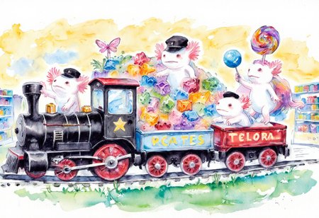 Watercolor painting of, axolotls in a giant toy store, riding on a wind-up train set. One axolotl is sitting in the engine, wearing a tiny conductor's hat, while another is waving from a passenger car. A third axolotl stands on the platform made of building blocks, holding a lollipop as big as itself. The toy store is filled with oversized stuffed animals, towering shelves of games, and colorful decorations, creating a whimsical and playful atmosphere., the axolotls have pink frilly gills and round black eyes