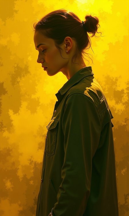 Close-up of a person's back and head and shoulders. 
The person is seen in profile view; their head is slightly tilted downward. Their hair is pulled back in a bun. The light is highlighting the figure and creating a warm, golden-yellow tone throughout the image. 
The background is a hazy, yellow-toned area, suggesting a smoky or dusty atmosphere. The light is unevenly distributed, with brighter areas around the figure and more diffused, hazy light in the background.
The person is wearing a dark-colored, possibly olive-green or teal, shirt or jacket. The style of the clothing is not readily apparent due to the lighting. The silhouette of the person merges with the hazy background in some places, making the figure appear somewhat ethereal.
<lora:FLUX-daubrez-DB4RZ-v2:1> DB4RZ, DB4RZ style painting