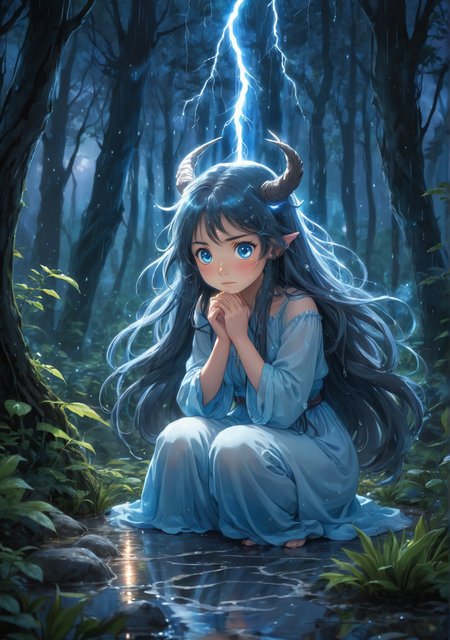 2D anime style, inspired by Studio Ghibli, ethereal young woman with long flowing hair, her hands on own cheeks,  kneeling in a magical forest during a thunderstorm, surrounded by glowing blue energy. She has expressive, teary eyes filled with sorrow and determination. Her delicate, glowing horns crackle with electricity, reflecting her inner turmoil. The detailed background features lush, mystical plants and softly glowing lights, with raindrops creating ripples in the puddles around her. The atmosphere is serene yet tense, capturing the emotional moment of her awakening to newfound powers, feeling both fear and empowerment. High detail and complexity
