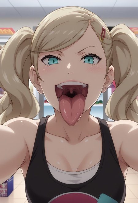 safe_pos, score_9, score_8_up, score_7_up, source_anime, takamaki anne, blonde hair, long hair, twintails, swept bangs, hair clip, p5ann-sumcas, tank top, black tank top, clothes around waist, plaid, pov, selfie, angry smile, evil smile, grin, upper body, head tilted back, looking at viewer, sticking out tongue, big tongue, bright pink tongue, open mouth, wide open mouth, large mouth, huge mouth, mawshot, round uvula, throat, big throat, oral invitation, vore, imminent vore, upper teeth, breath fog, close-up, perfect anatomy, indoors, shopping mall