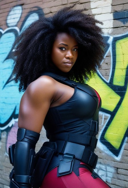 eye level, headshot,dark skinned woman,upper body shot, a female character from the deadpool franchise, curvy, muscular,, sleeveless black tactical suit, dynamic pose, dark skin, , frizzy hair, Behind her, sprawling graffiti covers the walls. The setting captures a modern superhero aesthetic with vibrant colors, intricate patterns, and detailed textures. Professional portrait photography with sharp focus and dramatic urban lighting, emphasizing rich colors and textural details.Canon EOS 5D mark IV, outdoors,urban landscape, dutch angle, shot on Canon EOS 5D mark IV,ImgFixerPre0.3