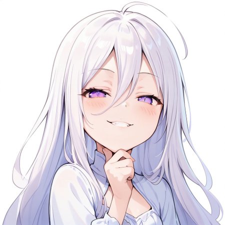 masterpiece, best quality, high resolution, absurdres, 1girl, purple eyes ,white hair  , long_hair, ahoge,hair between eyes,  parted bangs,chibi, looking at viewer, smug, teasing,scoffhand on chin, teeth, centered, aroused, blush, upper body, transparent background, very smug smile, best quality, highres, absurdres, amazing quality, masterpiece, 
Sticker,solid stroke,