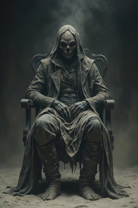 A humanoid figure seated in a chair, appearing to be a fusion of organic and mechanical elements. The figure has black eyes, a headpiece adorned with dust, and is covered in a coat or robe. The background is dimly lit, with a misty or foggy ambiance, and the ground appears to be sandy or dusty. The overall mood of the image is eerie and mysterious.