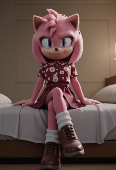 1girl, solo, no humans,
<lora:Movie-Amy_v4-30:1> movieamy, pink fur, purple eyes, hedgehog ears, hedgehog tail, mori girl, floral blouse, jumper skirt, ankle socks, leather shoes, hair clip, bedroom, sitting on bed, smile, looking at viewer, crossing legs, fur realistic, fur fluffy