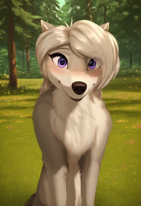 zPDXL, score_9_up, score_8_up,_7_up, score_6_up, score_5_up, score_4_up ,source_furry, best quality, amazing quality, masterpiece, 1girl, looking at viewer, solo, fullbody, cute, blush, cute smile, cute pose, out doors, forest, trees, field, flowers, lilly,  wolf girl, silver-gray fur, purple eyes, wolf tail, wolf ears,   <lora:Lilly:0.8>, vksuika, <lora:Vksuika:1>, Expressiveh, good_hands, <lora:Expressive_H:0.8>, <lora:Detail_Slider_v1.4_iteration_3:4>, <lora:pony_good_hands:0.8>