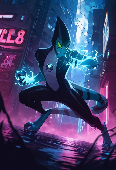masterpiece, best quality, amazing quality, very aesthetic, absurdres, newest,, detailed background, 
 movie scene, cinematic scene, cinematic, foreground blur, depth of field, 
xlr8, blue skin, green eyes, 1boy, stripped tail, reptile tail, green sclera, pokemon (creature), alien, black chin,
night city, alleyway, missing posters, wet, puddles, dumpster, electricity, blue electricity, fighting stance, close up shot,