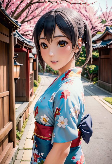 wide angle shot, 1 girl, nakano azusa, fully clothed, colourful kimono with flowers design, perfect face, black eyes, black hair, show top of head, pigtails hair, blushing, smiling, outside, in the street of old japanese city, small breasts, sakura tress in bloom everywhere, <lora:azusa_xl_rev3:0>, <lora:add-detail-xl:1>, OverallDetail, fFaceDetail, EyeDetail, Painstaking Attention To Details, art by mooncryptowow,