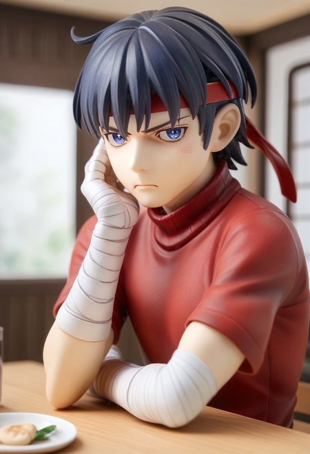score_9, score_8_up, score_7_up, watercolor (medium),1boy, cestanim, cestvs, red headband, short black hair, bangs, blue eyes, bandaged hands, red turtleneck sweater, white pants, elbow rest, hand on own face, annoyed, looking at viewer, indoors, cafe