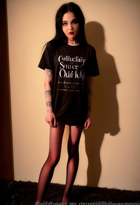 golfi, 1girl, black hair, realistic, goth, pale skin, full body, skinny, thin body, high detail, 4k, golfi eyes, natural blue-grey eyes, black t-shirt, fishnet stockings, nightclub background, bare feet, standing, sexy posture