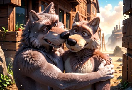 score_8, score_7, score_9_up, BodiPhantom, masterpiece, high quality, detailed, best quality, detailed background, detailed character, detailed character details, detailed face, detailed muzzle, dust, particles, practices, fluffy wool, fluffy fur, high quality, very high rendering, smooth lines, 4k, 8k, 16k, huge resolution, a lot of details, detailed fur, high budget, cinemascope, epic, gorgeous, film grain, grainy, high quality, detailed, high resolution, high quality, high resolution, furry character, 3DMM, 2boys, 2 boys, 
first character: "bybodird008, cartoon_style, source_cartoon, gray wolf, wolf, fluffy wolf, shaggy, (hybrid), boy, furry, furry_male, anthro, stupid wolf1, (He's taller and thicker, and his eyes are wide open, which adds to his innocence)";
second character: "bybodird008, cartoon_style, source_cartoon, gray wolf, wolf, fluffy wolf, shaggy, (hybrid), boy, furry, furry_male, anthro, cunning wolf2, (He is thin, with a large head and narrowed eyes)";
BREAK
source_furry, adult, anthro, (((muscular))), 2 wolf, 
two wolves, two detailed characters, hugging, gay, 
realistic, different wolves, different faces, detailed face, gray wolfs