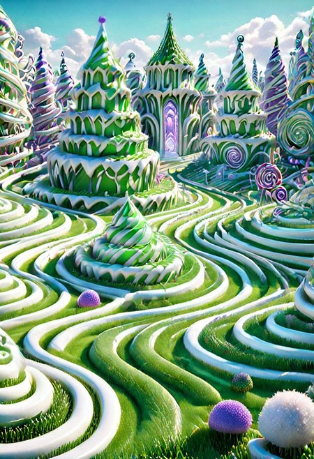 castle , A traveler contemplates a gigantic labyrinth made up of dozens of white, grass, medical towers. Candy labyrinth , evil villain