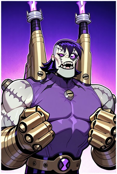 <lora:frankenstrike-10:1> frankenstrike, solo, , colored skin, muscular, 1boy, scar,purple shirt, sleeveless, big monocle, military haircut, turtle neck, golden collar, ripped sleeves, massive gauntlets, massive hands, golden gauntlets, golden gloves, golden belt, short hair, buzzcut, stitches,,  underbite jaw, bolts, nuts, screws, bolts on body,  dynamic pose, purple eyes  , big mouth,  standing, closed fist, villain pose,, masterpiece, best quality, amazing quality, very aesthetic, absurdres, newest,, upper body, halftone effect, white borders, abstract background:1.2,