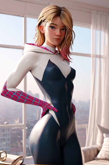 PonyXLV6_Scores BREAK (perfect anatomy, perfect eyes, cowboy shot), <lora:add_details_xl:0.8> BREAK <lora:Gwen_Stacy_-_Marvel_Animation:0.8> gwen stacy, blonde hair, asymmetrical hair, multicolored hair, pink hair, eyebrow piercing, blue eyes, ((looking at viewer)), hood, superhero, hooded bodysuit, bodysuit, skin tight, spider web print, small breasts, curvy, toned, athletic, standing, seductive pose, hands on hip, indoors