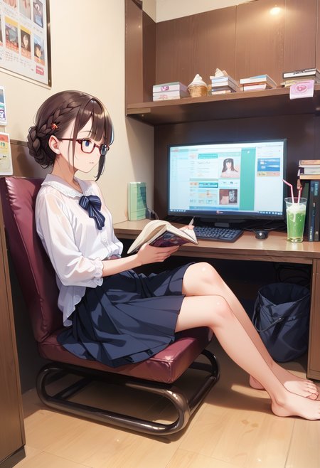 score_9, score_8_up, score_7_up, rating_safe, masterpiece, best quality, absurdres, unity 8k wallpaper, official art, official style, source_anime, uncensored, game cg, megami magazine,
necafe, scenery, 1girl, glasses, solo, brown hair, sitting, reading, indoors, chair, drinking straw, book, cup, computer, braid, drink, barefoot, short hair, crossed legs, skirt, desk, monitor
<lora:NetCafe_PONY_V1:1>