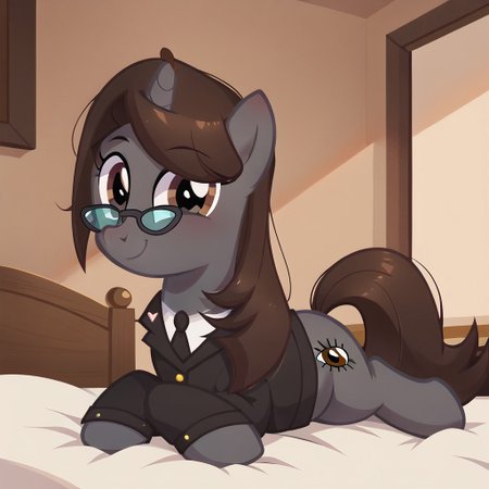 masterpiece, perfect detail, best high quality, source_pony, show accurate, cute, 1girl, solo, female, oc:sonata, glasses, attorney suit, badge on collar, pony, full body, butt, tail, laying on stomach, laying on bed, bed, bedroom, smile, closed mouth, beautiful, looking at viewer, score_9, score_8_up, score_7_up, score_6_up, score_5_up, score_4_up