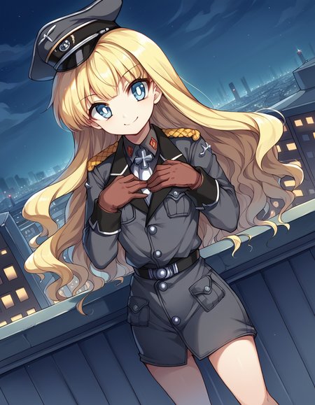 score_9, score_8_up, score_7_up, source_anime, <lora:retia-adolf-ponyxl-lora-nochekaiser:1>, retia adolf, blue eyes, blonde hair, wavy hair, bangs,, gloves, hat, military uniform, peaked cap, zettai ryouiki,, city skyline, rooftop view, night time, city lights, quiet reflection, , , hands on own chest, smile, solo,, cowboy shot, dutch angle