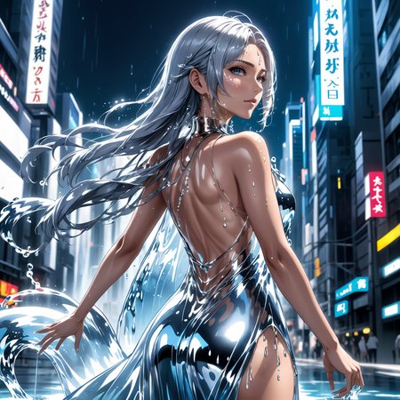(full body photo:1.4),anime artwork beautiful woman wearing a (water dress) Looking over the shoulder in Metropolis, <lora:xl_water_dress-1.0:0.8>, Close-Up, from front, black and silver hair, key visual, vibrant, studio anime, highly detailed