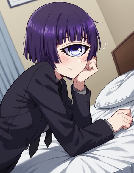 score_9, score_8_up, score_7_up, source_anime, <lora:cyclops-manako-s1-ponyxl-lora-nochekaiser:1>, manako, short hair, blue eyes, purple eyes, purple hair, one-eyed, cyclops, medium breasts,, shirt, necktie, formal, suit, black necktie,, indoors, bed, bed room, on side, blush, drunk,, smile, , from side, solo,, dutch angle,