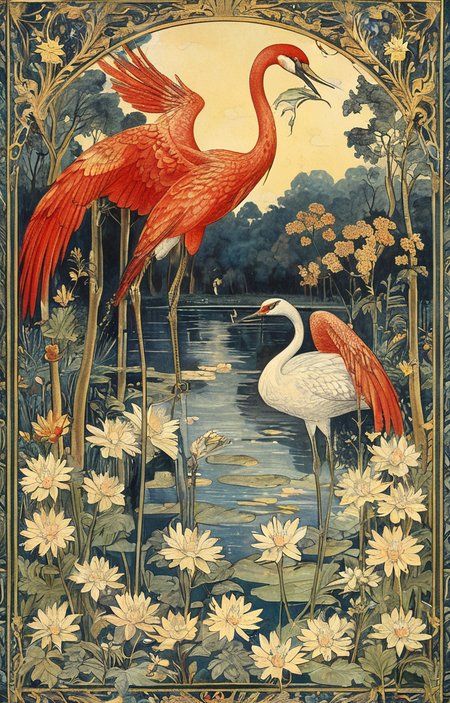 masterpiece,best quality,<lora:tbh132-sdxl:0.8>,animals,illustration,style of Walter Crane,