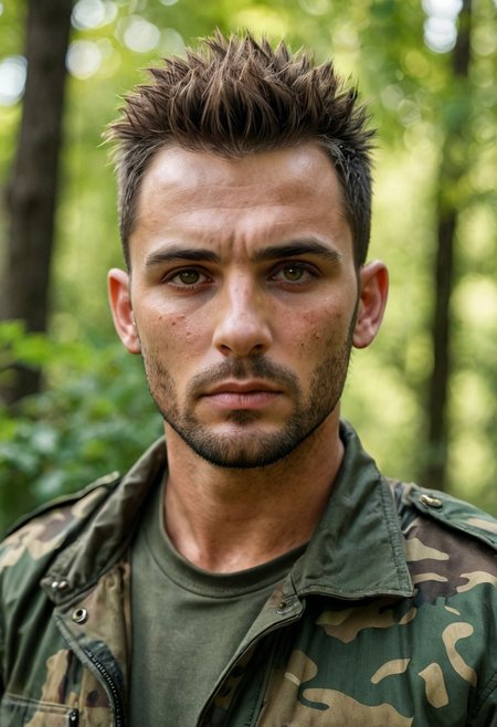 masterpiece, photorealistic, 1boy, handsome man, age 35, athletic, flak jacket, camo, stubble, mowhawk, eyepatch, RAW candid cinema, 16mm, colour graded Portra 400 film, remarkable colour, ultra realistic, textured skin, remarkable detailed pupils, realistic dull skin noise, visible skin detail, skin fuzz, dry skin, shot with cinematic camera, frown, big hazel eyes, subsurface scattering, bokeh, green foliage background