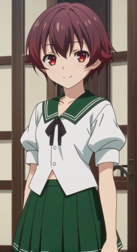 score_9, score_8_up, score_7_up, source_anime, rating_safe, intricate details, anime screencap, official style, anime coloring, 1girl, solo, <lora:Mutsuki:1>, mutsuki, short hair, red eyes, serafuku, green sailor collar, short sleeves, green skirt, pleated skirt, black pantyhose, looking at viewer, smile, indoor, cowboy shot