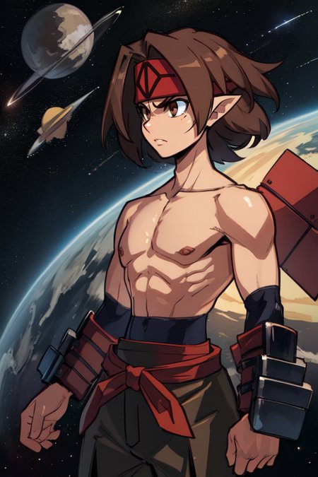 MWarrior, brown hair, brown eyes,  pointy ears,  topless male, 
pants, red belt, headband, 
outer space, stars,  cowboy shot, 
(insanely detailed, beautiful detailed face, masterpiece, best quality) 
serious, 
standing, solo, upper body,  <lora:malefighter-10v5:0.7>