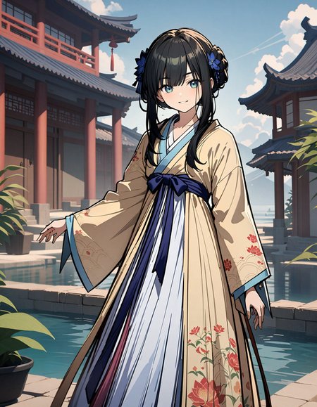 masterpiece,best quality,rich in detail,((Makoto Shinkai,Makoto Shinkai style)),very aesthetic,absurdres,newest style,newest,(Man_Sui,elegent chinese hanfu, hanfu),she is standing and smiling,the background is a chinese yard with plenty of chinese elements such as lotus and chinese architectures,blue sky,clouds,pool,green plants,flowers,all of elements have extremely detailed texture,waves,cinematic,anime production,best quality,<lora:Man_Sui_SDXL:0.9>,<lora:add-detail-xl:1>,
