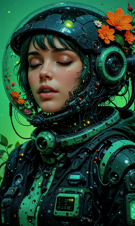masterpiece, best quality, amazing quality, very aesthetic, absurdres, newest
digital art, frontal closeup, futuristic, sci-fi
1girl, solo, upper body, eyes gently closed, upper teeth
helmet, biosphere inside helmet, organic elements, technology, black jacket, detailed design, high contrast, intricate details, dreamlike atmosphere
green background, lush green plants, glowing flowers
artist:moriimee, in the style of cksc, in the style of cknc, in the style of ck-rw <lora:reij-detaILer v2:0.5> <lora:spo_sdxl_10ep_4k-data_lora_webui:0.8> <lora:MoriiMee_Gothic_Niji_Style_Illustrious_r1:0.4> <lora:ck-shadow-circuit-IL-000012:0.65> <lora:ck-nc-cyberpunk-IL-000011:0.4> <lora:ck-neon-retrowave-IL-000012:0.2>