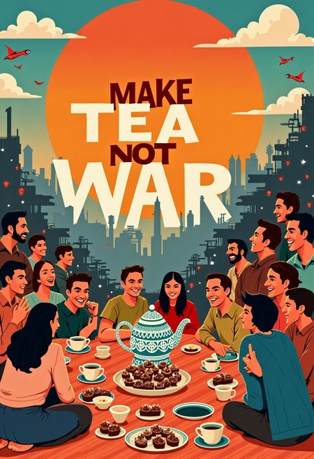 collective middle-eastern_ethnic avant-garde poster with friendly text reads "Make tea not war", juxtaposed unified happy gathering, joyfully laughing around table drinking tea, in world of desolate devastation rubble,
exuberant picnic feast diverse gathering of people of all ethnicities, surrounding tea party picnic blanket full of tea and cakes, teapot with stylized motif