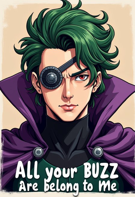 A  man with cyborg eyepatch, purple cape, red eye, green  wavy hair, with the caption and the bottom saying: "All your BUZZ are belong to me"