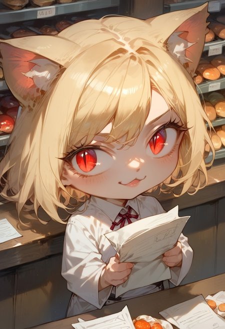 ng_deepnegative_v1_64t, score_9, score_8_up, score_7_up, Expressiveh, very detailed, high quality, necoarc, blonde hair, red eyes, slit pupils, cat ears, :3, chibi, store, behind counter, wearing uniform, paper hat, selling food to a customer, register