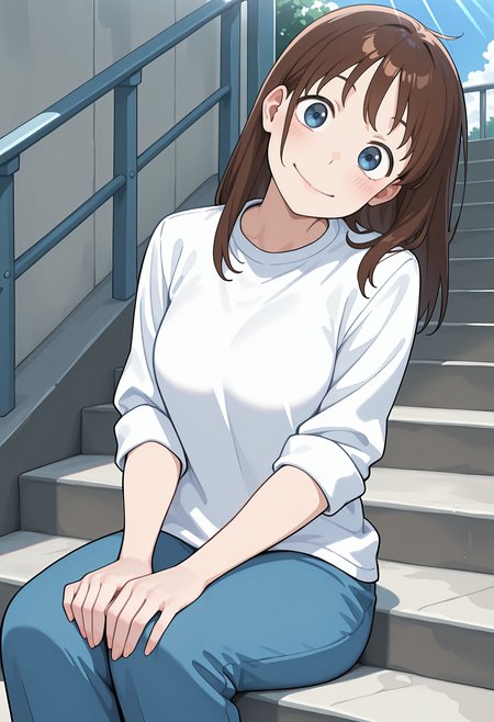 best quality, amazing quality, perfect quality, high quality, masterpiece, absolutely eye-catching BREAK
<lora:Ookiku_Furikabutte_-_Kiyoe_Mizutani:1> OofuriKiyoe, blue eyes, brown hair, long hair, wispy bangs, medium breasts BREAK
white t-shirt, sleeves rolled up, blue pants BREAK
outdoors, blue sky, sunbeam, stairs BREAK
1girl, solo, sitting, sitting on stairs, hand on own knees, looking at viewer, head tilt, smile, dutch angle, cowboy shot
