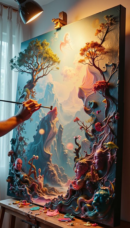 A fantastical, living painting that depicts an artist's imagination coming to life. The canvas should be enormous, with one corner showing the artist's hand holding a brush, while the rest of the image transforms from flat, painted sections into a three-dimensional, surreal landscape. Include elements transitioning between 2D and 3D â flat trees growing into full forms, painted figures peeling off the canvas and becoming real, and colors dripping and pooling to form new structures. The style should shift across the canvas, incorporating various art movements from classical to abstract. Use dramatic lighting to enhance the sense of depth and transformation, with the brightest point being the artist's brush, suggesting it as the source of this bursting creativity.