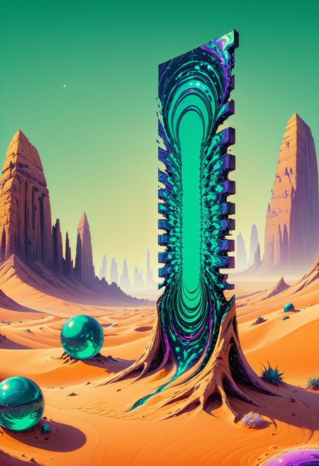 concept art landscape, ((Bewitching Emerald)) desert mirage altar, fracturing into sand and light, sunset colors, warm oranges and cool purples, feeling of elusive magic, digital desert art, detailed heat distortion and sand textures, ultra high resolution
<lora:Style_ThatSpecialFace:1.3> . digital artwork, illustrative, painterly, matte painting, highly detailed