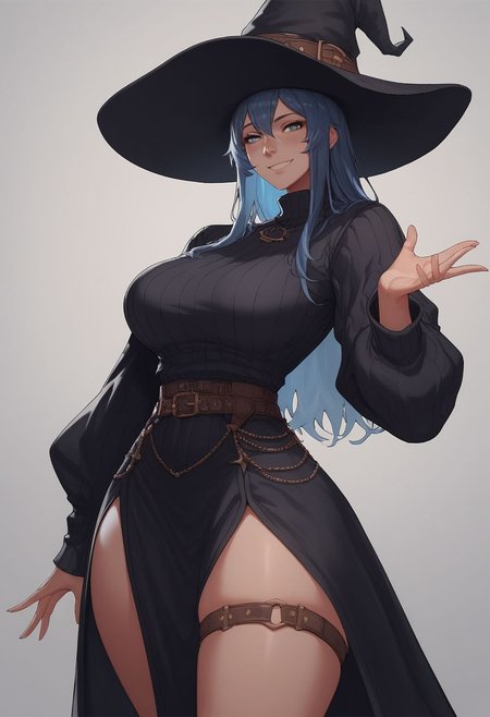 score_9, score_8_up, score_8, rating_explicit, 
girl, tall, huge wide-brimmed hat, witch, black sweater with oversize sleeves, skirt, legwear, leg straps, soft smile, long blue hair, dark blue shiny hair, shining blue eyes,