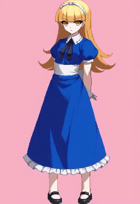 score_9, score_8_up, score_7_up, source_anime, BREAK, solo, 1girl, <lora:Dengeki_Bunko-pdxl_Fp:1>, simple background, full body, standing, looking at viewer, <lora:zs_AliceXL:1>, alicesmt, dress, long hair, blonde hair, hairband, blunt bangs, puffy sleeves, blue dress, yellow eyes, arms behind back,
