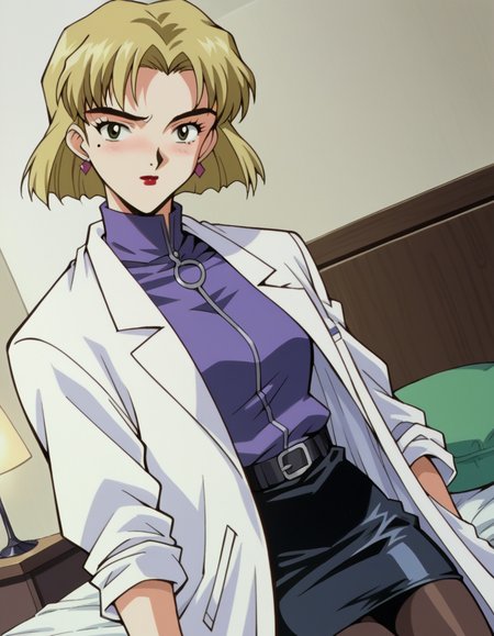 score_9, score_8_up, score_7_up, source_anime,
ritsukoakagi,  <lora:ritsuko-akagi-classic-ponyxl-lora-nochekaiser:1>,
ritsuko akagi, short hair, blonde hair, mole, mole under eye, parted bangs, green eyes,
lipstick, skirt, jewelry, pantyhose, earrings, belt, pencil skirt, labcoat, shirt, purple shirt, turtleneck, zipper,
indoors, bed, bed room, on side, blush, drunk,
cowboy shot, looking at viewer, solo, dutch angle,
