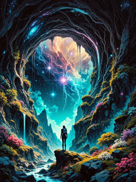 famous artwork inspired by wayne reynolds and chuck lukacs, science fiction, highly detailed, hyper-realistic, ultra-high-resolution, movie poster style, extraterrestrial jungle landscape under a galactic nebula at night, dark corners, dim lighting, very aesthetic and atmospheric, highly detailed environment, phenomenal and otherworldly, masterful use of light and shadow, grand composition, epic, fractal patterns in the plants and arch, the central focus is an immense, overgrown rock arch covered in lush jungle vegetation and glowing mineral veins in the middle ground, its sheer size and intricate details commanding attention, the arch is draped in jungle trees and exotic flora, gnarled roots and ancient vines cascading over its edges, delicate moss and bioluminescent flowers clinging to its surface, shimmering softly in the moonlight, veins of glimmering minerals run through the archâs rugged stone sides, where it isn't fully covered in plants, the veins are refracting the dim light into color gradient hues, as if the rock itself is infused with cosmic energy, creating an enchanting interplay of light and texture, the archâs curvature frames the sky beyond, its towering silhouette adding a dramatic focal point to the composition, a female galactic explorer in a form-fitting dark bodysuit wearing a large futuristic jetpack stands on a moss-covered rock ledge, gazing in wonder at the scenery, the foreground is rich with wondrous extraterrestrial flora, various patches of tiny colorful herbs, a few bushes carrying berries and moss, a tranquil river winds through the valley, reflecting the night sky and arch, scattered fireflies drift lazily through the air, distant mountains fade into a soft atmospheric haze, their silhouettes blending seamlessly into the dreamlike expanse, the composition is perfectly balanced, the lone woman adding a human element to the vast, surreal landscape, the use of light is masterful, with deep contrasts between the nebula sky and shadowy rock formations, the entire scene exudes a sense of tranquil wonder and cosmic mystery, a dreamlike untouched primordial world, the image is rendered in ultra-detailed cinematic realism, inspired by fantasy and science fiction art, blending elements of classical landscape painting with futuristic elements, richly textured materials, volumetric lighting, a sense of endless exploration and infinite possibility, burgundy and jet black and light beige and midnight purple and deep teal, ovg, in the style of ckpf, amanoer, <lora:style-painterly_fantasy-flux-by_chronoknight:0.6> <lora:style-retro_anime-flux-by_lizardman245:0.24> <lora:style-yoshitaka_amano-elden_ring-flux-by_alicient:0.48> <lora:image_enhancer-flux-by_dever:0.8>