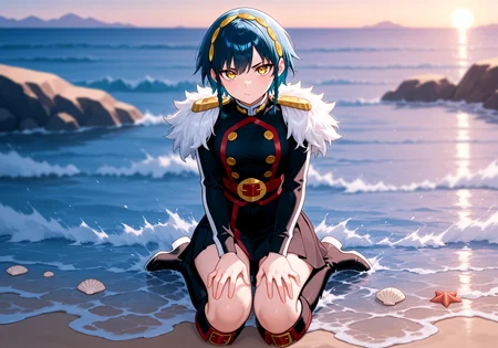 1girl, <lora:atobera_sn119:1>, tbzuma, yellow eyes, hairband, black uniform, white fur shoulders, black asymmetrical skirt, red belt, black knee boots,
kneeling, on knees, seaside, sand, seashells, front view, straight shot, looking at viewer, hand on knees,
high resolution, ultra-detailed, absurdres, masterpiece, best quality, good quality, newest,