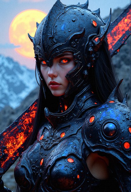 Envision a close-up of a female dark warrior in intricately designed armor, the metal gleaming with both moonlight and an internal, supernatural glow. The armor is detailed with spikes and jagged edges, with red and blue orbs embedded within the chest and shoulders, pulsing rhythmically. The helmet covers most of the face, leaving only the eyes visible, her beautiful crimson eyes that seems to pierce through the night. The figure’s sword, a massive weapon bathed in red flames, reflects on the polished metal, casting shadows and illuminating the faint engravings that run along the edges of the armor. Behind the warrior, the full moon hangs low in the sky, surrounded by swirling red and blue energy clouds that seem to pulse in time with the orbs on the armor.
Jagged mountains in the background, barely visible under the moonlight, adding a sense of scale.Jagged mountains in the background, barely visible under the moonlight, adding a sense of scale.

The close-up captures the tension and raw power of the scene, with every detail of the armor and weapon meticulously rendered, giving a sense of both ancient craftsmanship and otherworldly strength.Head angled slightly to the right, her intense gaze focused forward, as the flames illuminate the engravings on her armor.
Embedded Crystal Veins – Red and blue crystal veins branching out from the orbs, giving a fractured look.

