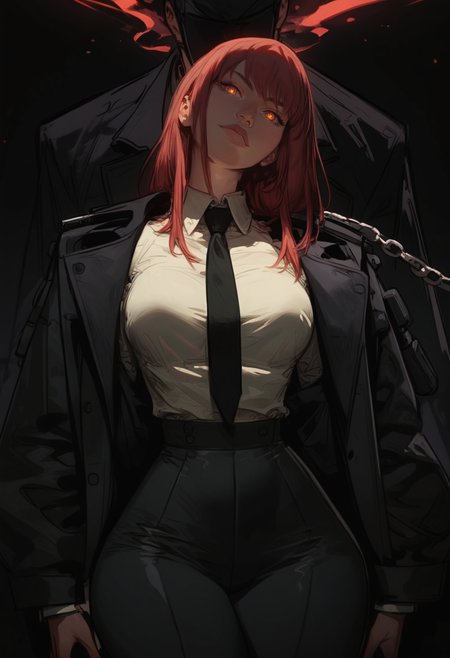 score_9, score_8_up, score_7_up, score_6_up, aesthetic ,
1girl, mak1ma0, red hair, long hair, ringed eyes, white collared shirt,black necktie, black pants, medium breasts, thick thighs, wide hips,  black trouser, black long coat, two piece suit, illustration, dark background, sexy waist, sketch lines, semi realistic, character, closer view, zoom in, character design, concept art, detailed, shading, medium breast, pretty face, leaning pose, head tilt, sketchy lines, fit, noir style, glowing eyes, menacing aura, chains in background
<lora:Expressive_H:1>, <lora:incase-ilff-v3-4:0.3>, <lora:saigalisk_pd:0.8> <lora:add-detail-xl:0.3> <lora:g0th1cPXL:0.3> <lora:mak1ma0XL_Pony_v1:0.8>