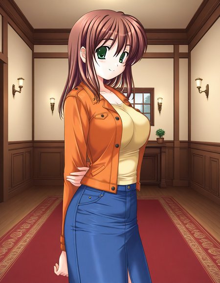 general,highres, ultra-detailed,very aesthetic,best quality ,best hands,  BREAK <lora:Yotsutani_Asako_IS:1>YotsutaniAsako, 1girl,solo, brown hair, green eyes, large breasts, long hair,
 1girl, solo, denim, blue skirt, orange jacket, smile, jeans, arms behind back, denim skirt, Yellow sleeve,
Western-style building, room, carpet,
