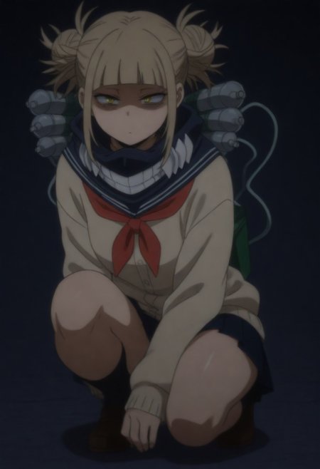 masterpiece, best quality, amazing quality, 1girl, solo,,, shiny skin,,, toga himiko, yellow eyes, slit pupils, bags under eyes, blonde hair, sidelocks, blunt bangs, narrowed eyes, double bun, hair bun, messy hair, brown cardigan, blue serafuku, red neckerchief, miniskirt, blue skirt, pleated skirt, black socks, brown shoes,, shaded face,